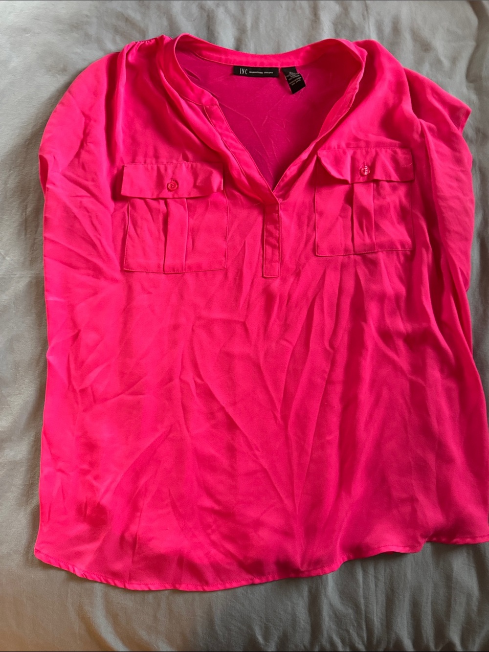 INC International Concepts Neon Pink Split V-Neck Utility Blouse
